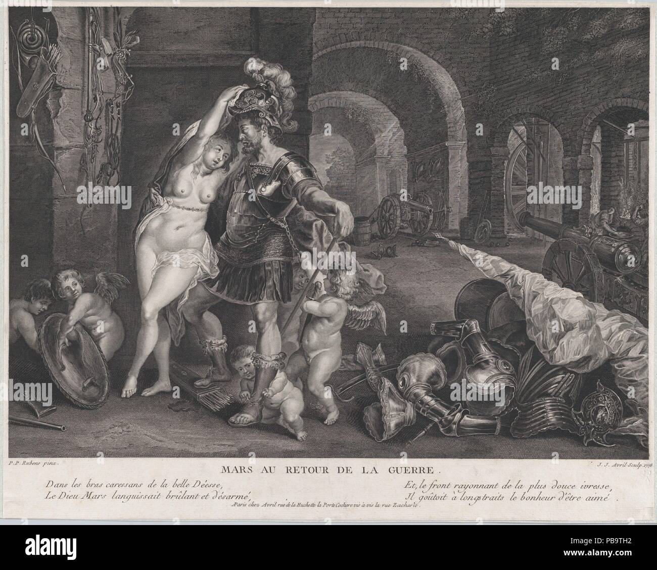 Le retour de la guerre : Mars désarmé par Vénus. Artiste : Après Peter Paul Rubens (Siegen, flamand 1577-1640 Anvers) ; Après Jan Brueghel l'ancien (Bruxelles, Russisch 1568-1625 Anvers). Artiste et éditeur : Jean Jacques Avril, l'ancien (français, Paris 1744-1831 Paris). Fiche Technique Dimensions : (découpés) : 15 15/16 in. × 20 in. (40,5 × 50,8 cm). Publié dans : Paris. Date : 1778. Après la peinture de Rubens et Brueghel dans le J. Paul Getty Museum, Los Angeles. Musée : Metropolitan Museum of Art, New York, USA. Banque D'Images