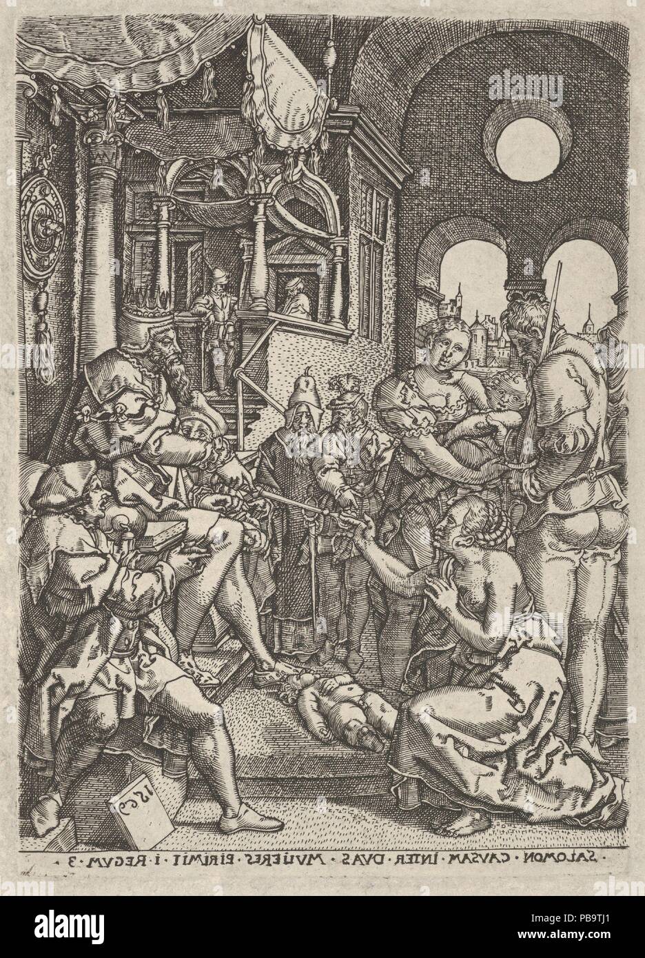 Inverser copie du jugement de Salomon. Artiste : Heinrich Aldegrever après (allemand, Paderborn ca. 1502-1555/1561 Soest). Fiche Technique : Dimensions : 6 3/8 x 4 11/16 in. (16,2 × 11,9 cm) Plaque : 4 × 7/16 3 1/16 in. (11,2 × 7,8 cm). Date : 1569. Solomon, assis sur un trône, à gauche, porte sur les deux mères à droite, l'un d'eux s'agenouille au premier plan. Musée : Metropolitan Museum of Art, New York, USA. Banque D'Images