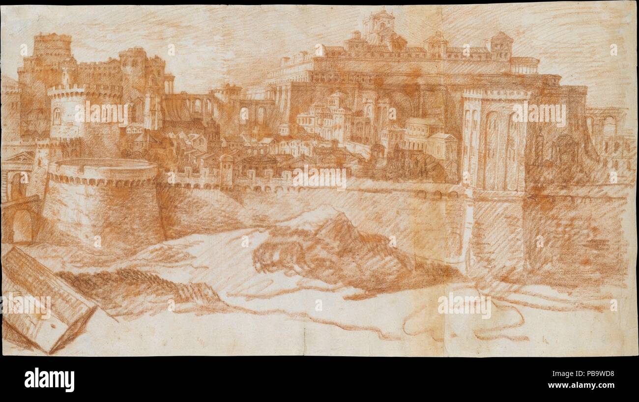 Avis de Jérusalem avec le Temple de Salomon. Artiste : Philippe de Champaigne (Français, Bruxelles 1602-1674 Paris). Dimensions : 13 1/16 x 23 3/4 in. (33,1 x 60,3 cm). Date : le 17e siècle. Ce grand dessin a travaillé vigoureusement, faite en rouge la craie sur deux feuilles de papier, est une étude pour une vue de l'ancienne Jérusalem pour l'arrière-plan d'une Crucifixion peinte par l'artiste à l'église de la Chartreuse de Vauvert à Paris (Musée du Louvre, Paris). Caractéristique du champagne en fidélité au texte biblique est ici manifeste dans la recherche qui repose sur sa conception du Temple de Sol Banque D'Images