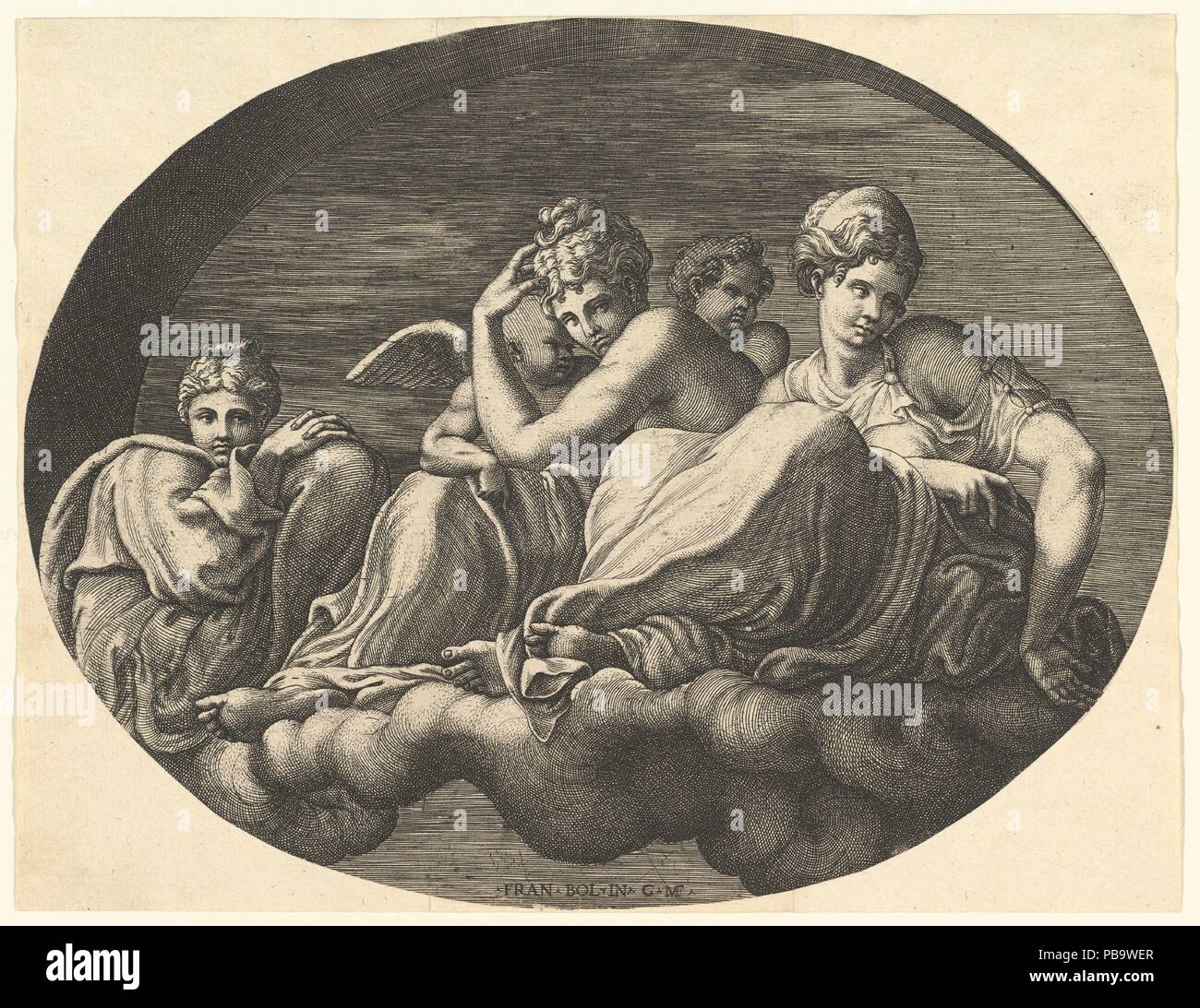 Vénus et Cupidon, deux autres déesses et d'un putto, à partir d'une série de huit compositions après le Sidaner's designs pour le plafond de la galerie d'ULYSSE (détruites 1738-39) à Fontainebleau. Artiste : Après le Sidaner (Italien, Bologne 1504/5-1570 Paris) ; Giorgio Ghisi (Italien, Mantoue ca. Mantoue 1520-1582). Fiche technique : Dimensions : 7 1/4 x 9 5/16 in. (18,4 x 23,6 cm) boîte à ovale et prévue. Date : années 1560. Musée : Metropolitan Museum of Art, New York, USA. Banque D'Images