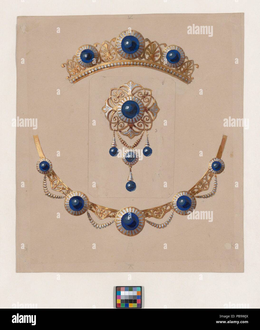 Parure de diadem, broche et collier avec lapis lazuli et émail. Artiste :  Alexis Falize (Français, 1811-