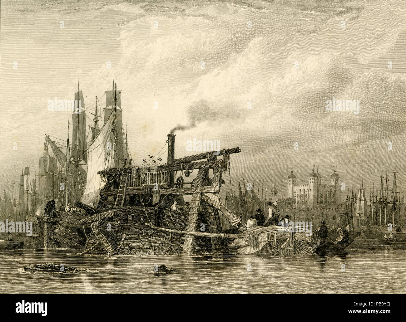 Gravure intitulée « ballast Dredger off the Tower » 1827 Banque D'Images