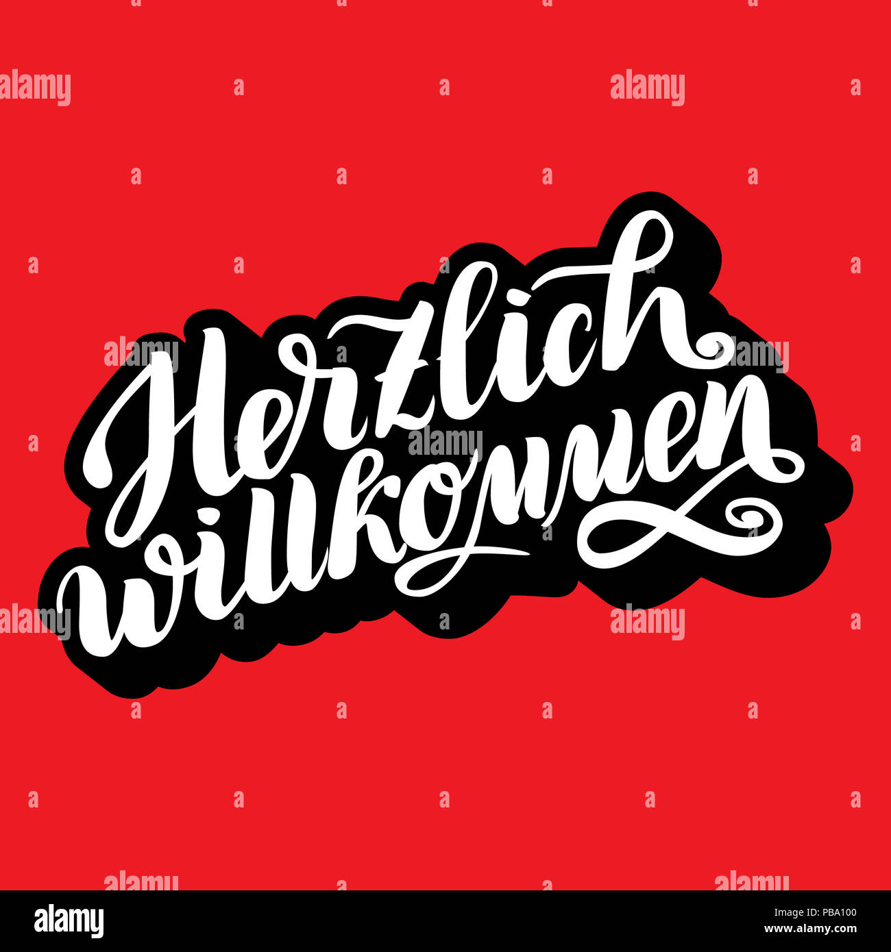 Herzlich willkommen. Bienvenue. Oktoberfest allemand traditionnel bier festival . pinceau dessiné à la main illustration lettrage sur fond rouge avec le volume 3D. Banque D'Images