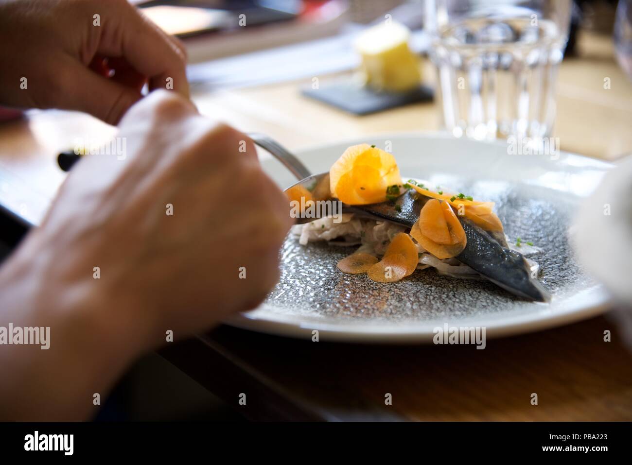 Le maquereau Démarreur : un diner français en coupe d'une entrée de maquereau mariné sur lit de carottes émincées avec céleri-rave Banque D'Images