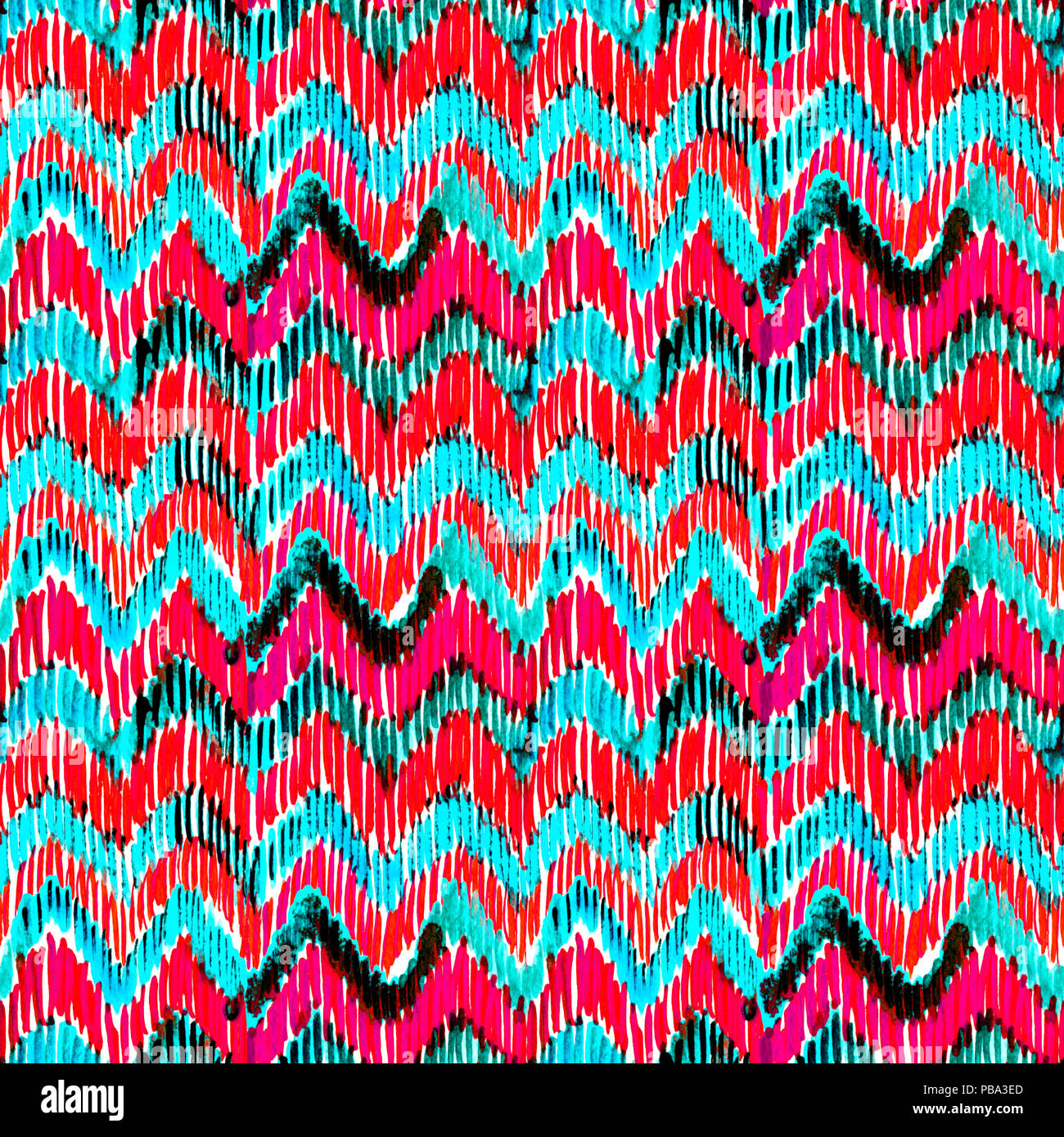 Aquarelle animée d'ikat turquoise et rose. motif transparent Motif tribal à la mode dans le style aquarelle. Plume de paon pour tissu, textile, céramique Banque D'Images