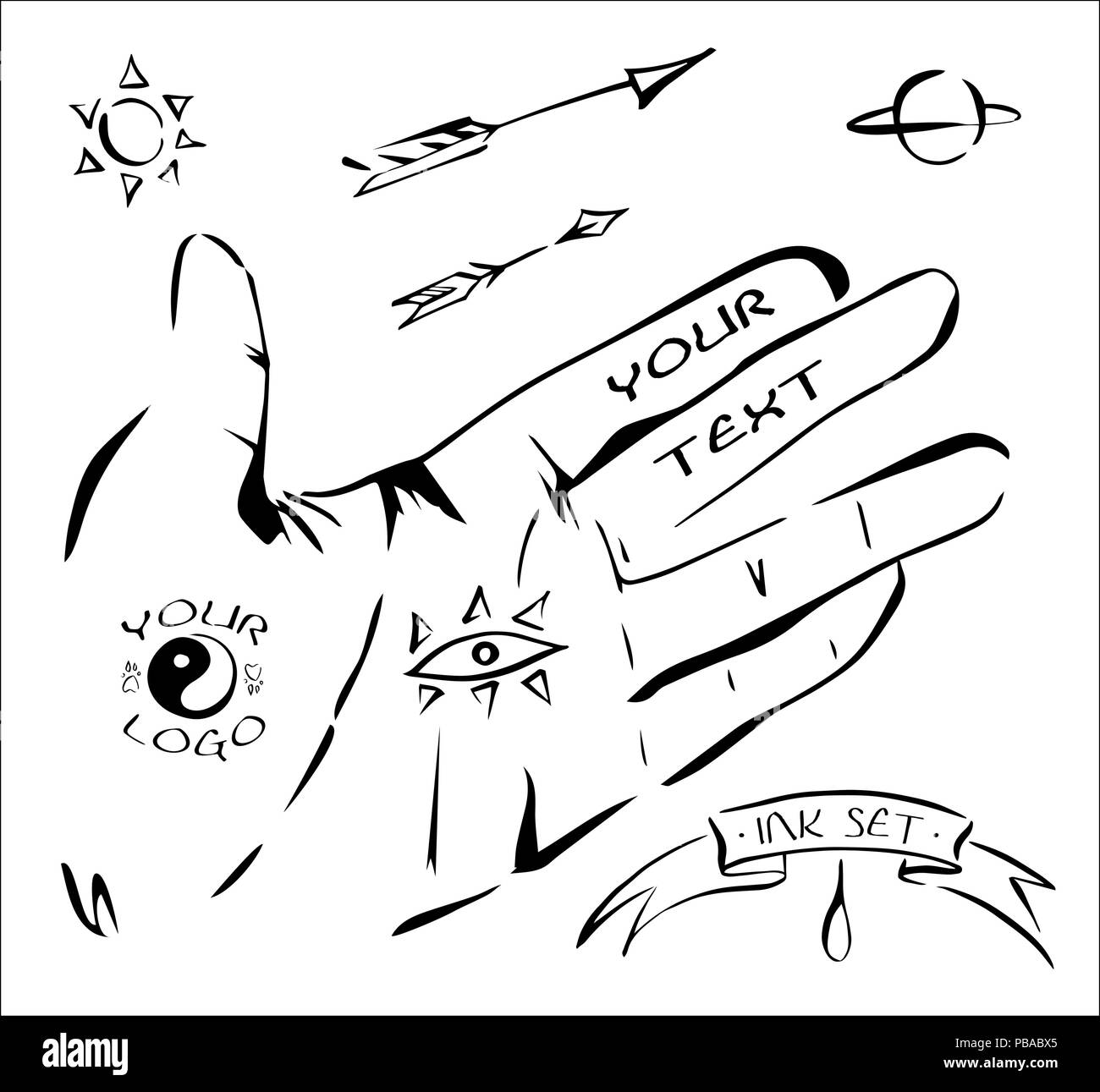 Tirée de l'encre, des éléments pourraient être utilisés comme des signes : main, flèches, soleil, planète, oeil, ruban, drop. Illustration de Vecteur