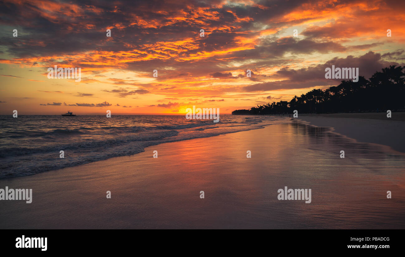 Lever de soleil sur l'orange côte de l'océan Atlantique. La plage de Bavaro, l'île d'Hispaniola. République Dominicaine Banque D'Images