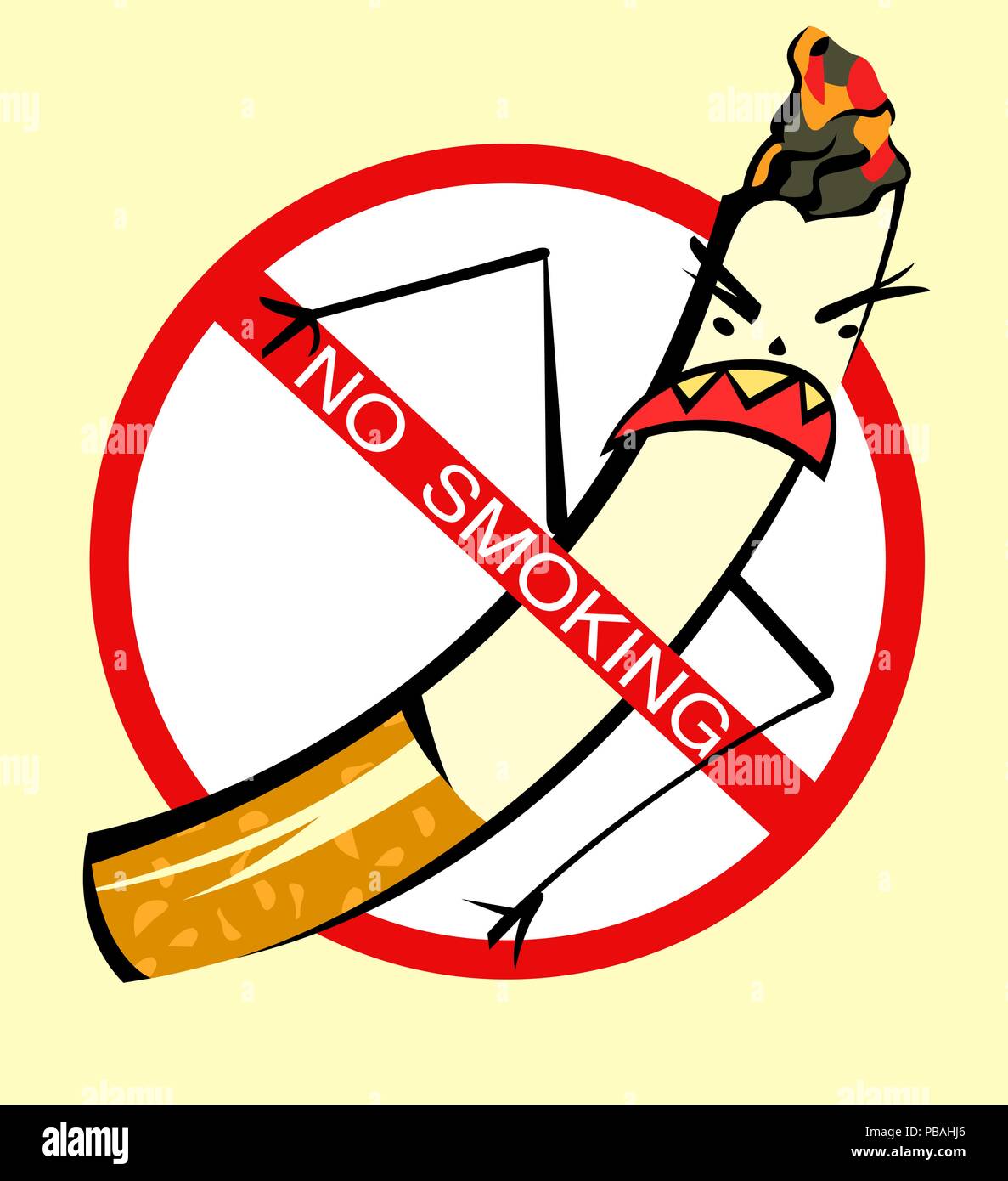 Vecteur non fumeur signe. Mauvais caractère de cigarettes. Cartoon style bande dessinée Illustration de Vecteur