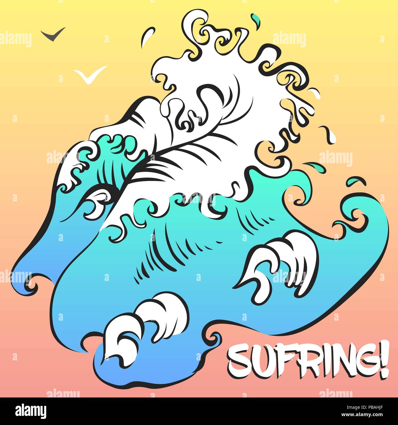 Le surf de l'affiche. Gradient Vector abstract wave le lever du soleil de fond avec les goélands. Illustration de Vecteur