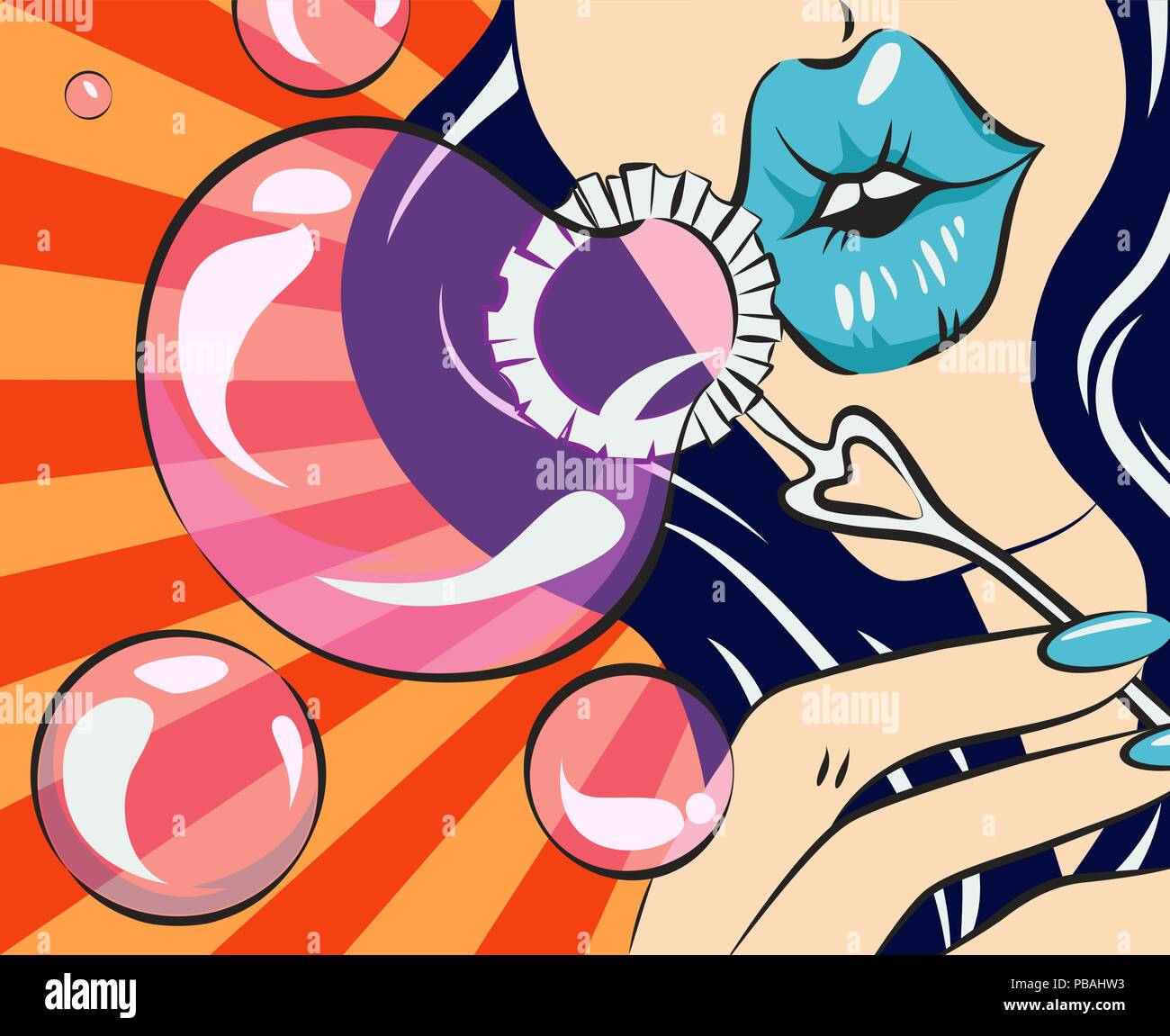Femme avec les lèvres bleues faisant des bulles de savon. Vector illustration de style rétro. Brunette woman dans pop art style. Illustration de Vecteur