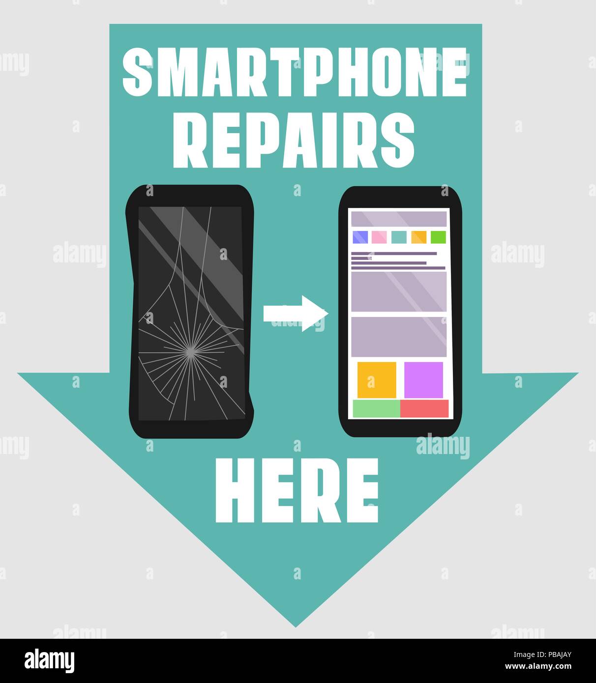 Réparation Smartphone design plat signe. Vector illustration de cassée et réparée avec des pointeurs indicatif téléphonique pour la publicité des bannières, des affiches, des panneaux Illustration de Vecteur