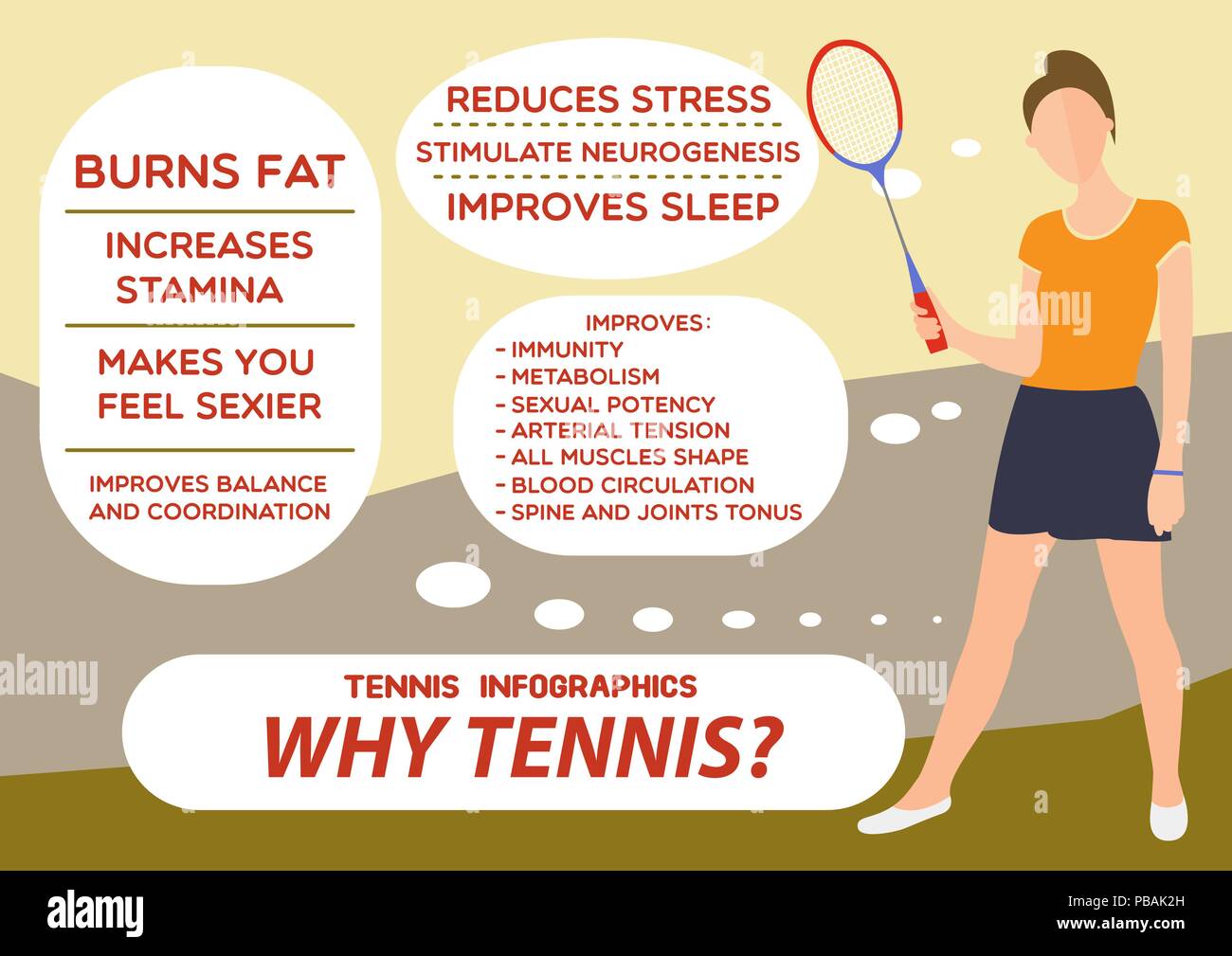 Tennis infographie, modèle plat, vector illustration de femme sans visage des jeunes adultes avec des bulles d'information et de raquette Illustration de Vecteur