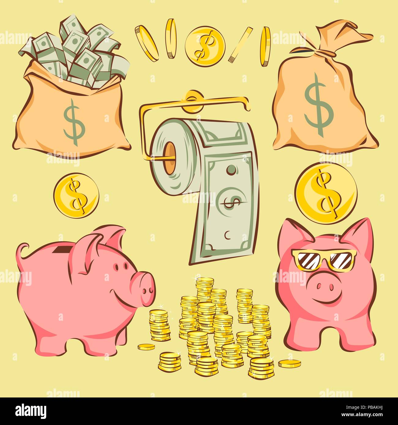 Vector set des finances et métaphores dans comic cartoon style : des sacs d'argent, tirelire, monnaies, dollar papier toilette Illustration de Vecteur