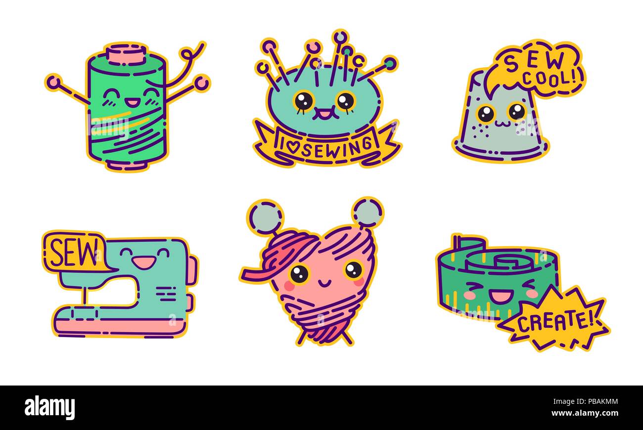 Badge à coudre ensemble, cute kawaii style design plat, signes, icônes, illustrations vectorielles couturière Illustration de Vecteur