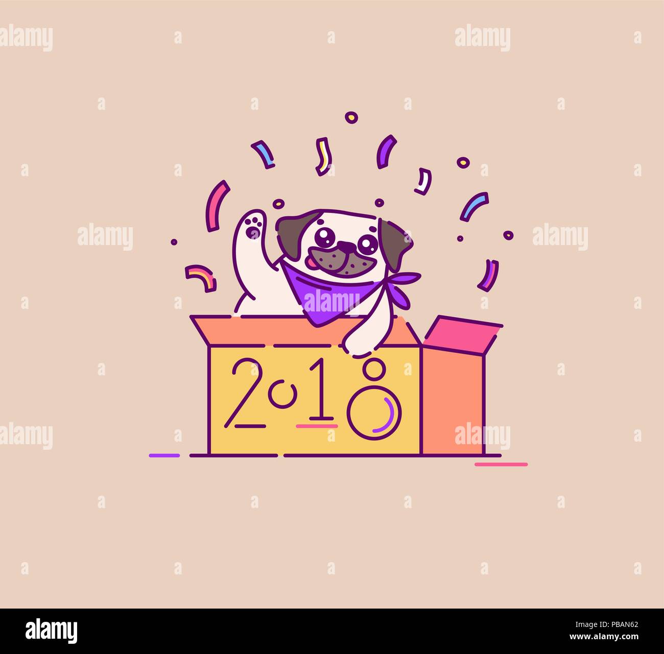 Le PUG chien dans une boîte célébration nouvelle année 2018 télévision vector illustration Illustration de Vecteur
