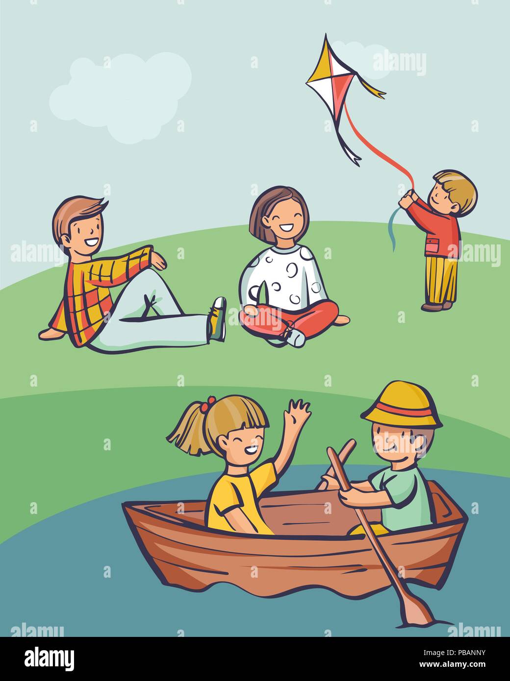 Se détendre en plein air, kid lancer un cerf-volant, des couples en bateau et sur l'herbe. Style cartoon, illustration vectorielle modifiable simplement définir Illustration de Vecteur