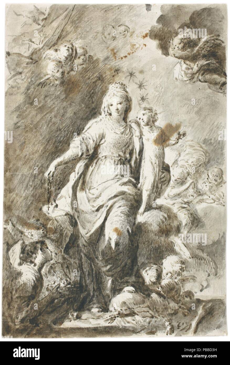 José Camarón Bonanat / 'La Vierge du Rosaire". XVIII siècle. Lavez-gris-brun, crayon, crayon sur papier vergé jaune au sol. Musée : Musée du Prado, Madrid, España. Banque D'Images