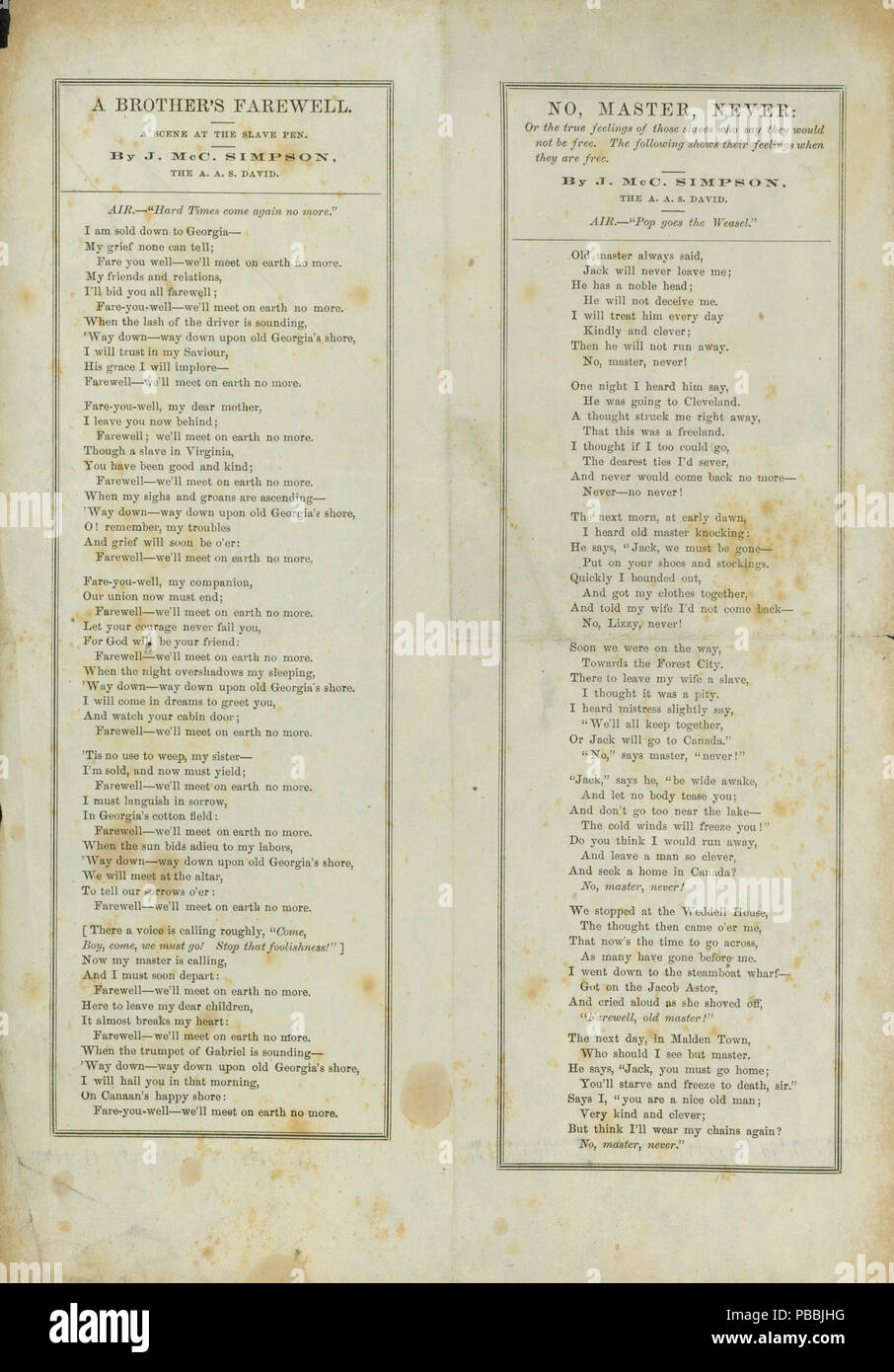 Imprimé 1228 song lyrics- "Un frère's Farewell" et "Non, Maître, jamais," 1861-1865 Banque D'Images