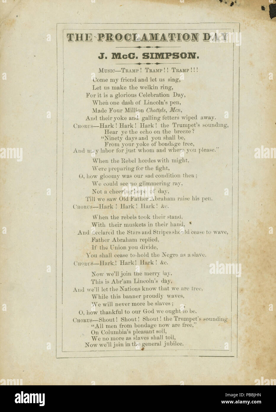Imprimé 1228 song lyrics- "La Proclamation Day", environ 1863 Banque D'Images