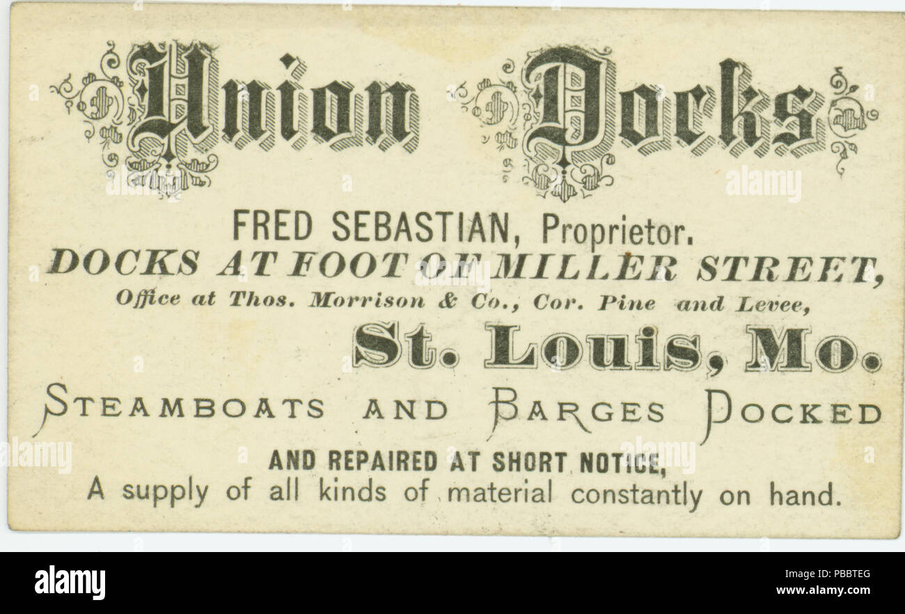 1138 L'une des deux cartes de visite pour Fred Sebastian, surintendant, en Coupe de l'Union Dock Co., et propriétaire, St Louis, Missouri, ca. 1866-1873 Banque D'Images