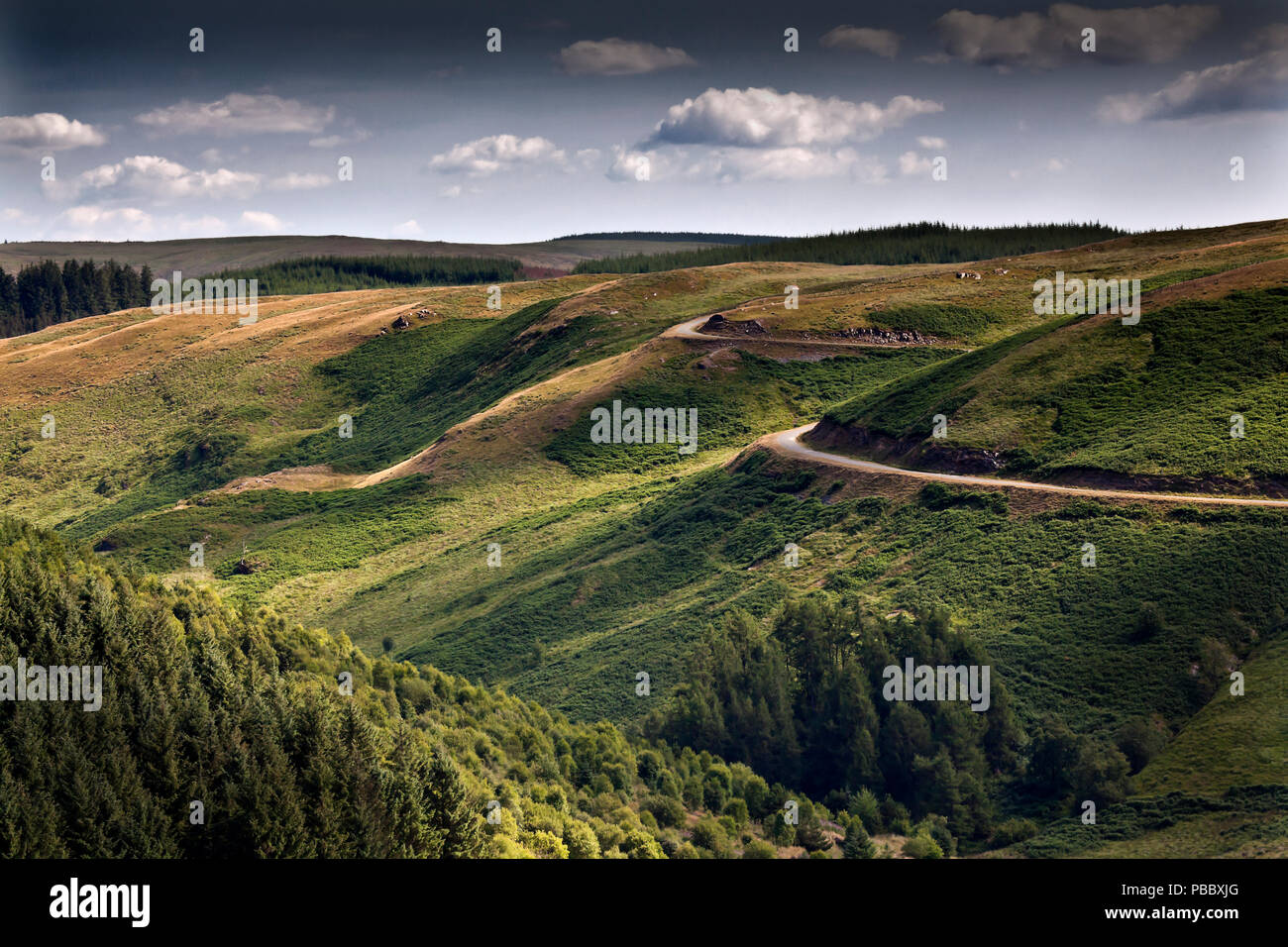 Cambrian mountains desolate road près de Llyn Brianne Reservoir en fin d'après-midi la lumière Banque D'Images
