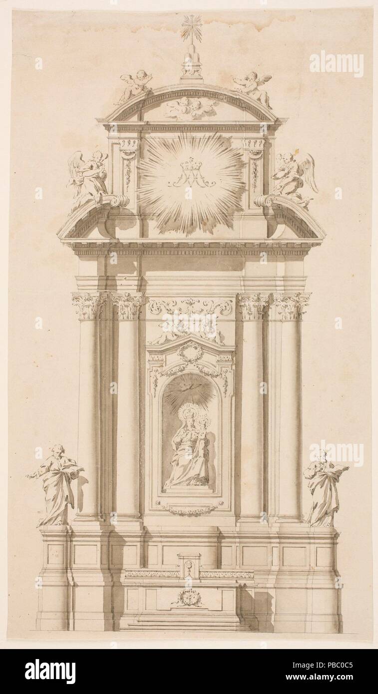 Anonyme / "Le Retable de la Vierge'. XVIII siècle. Lavez-gris-brun, crayon sur papier jaune. Musée : Musée du Prado, Madrid, España. Banque D'Images