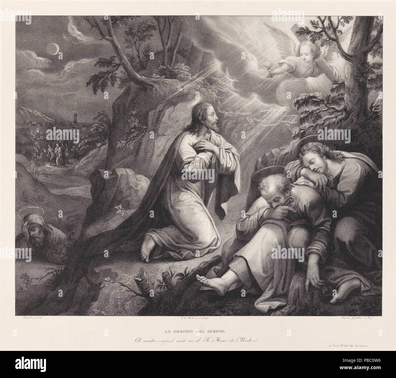 José de Madrazo y Agudo ; du vrai Establecimiento Litográfico de Madrid ; Giorgio Vasari ; Augusto Guglielmi -lithographe- (l'œuvre originale, selon les inscriptions, attribuée à Jacopo Chimenti) / 'l'agonie dans le jardin". 1832 - 1837. L'aquatinte, lithographie lithographie lithographie crayon, stylo, impression sur japon, grattoir sur papier vélin ; 1832 - 1837. L'aquatinte, lithographie lithographie lithographie crayon, stylo, impression sur japon, grattoir sur papier vélin. Musée : Musée du Prado, Madrid, España. Banque D'Images