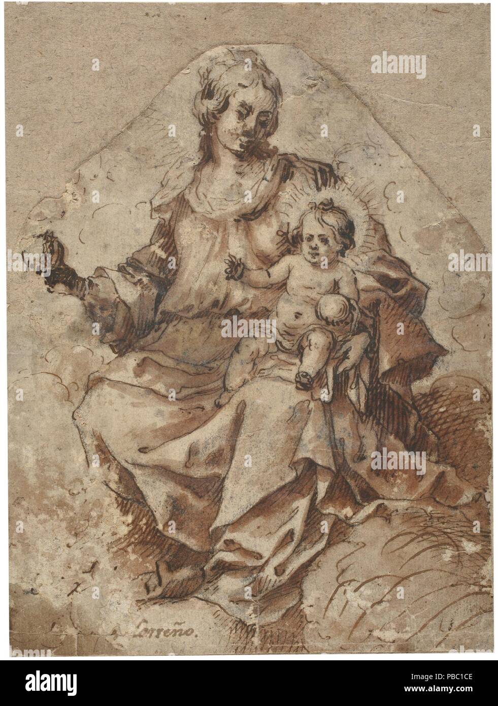 Anonyme / 'La Vierge et l'enfant". La mi-XVIIcentury. Lavez-gris-brun, crayon sur papier jaune. Musée : Musée du Prado, Madrid, España. Banque D'Images