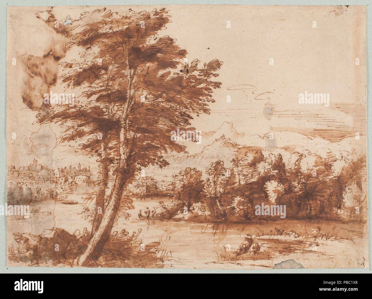 Anonyme / 'Paysage'. Ca. 1650. Lavez-gris-brun, crayon sur papier brun. Musée : Musée du Prado, Madrid, España. Banque D'Images
