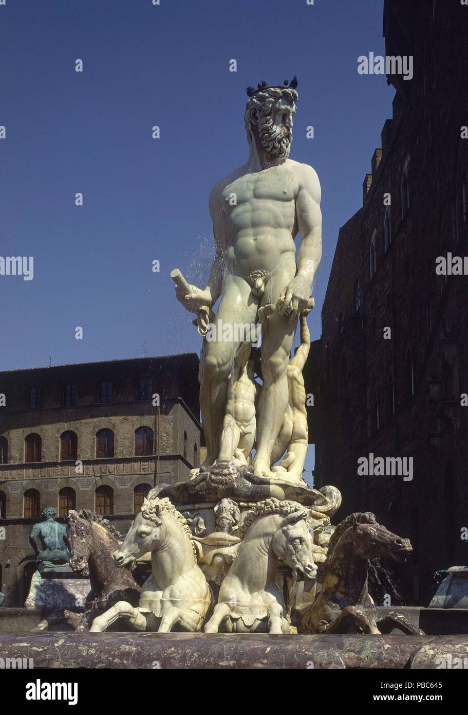 PLAZA DE LA SENORIA-Fuente de Neptuno. Auteur : Bartolomeo Ammannati. Lieu : extérieur, FIRENZE, Italia. Banque D'Images