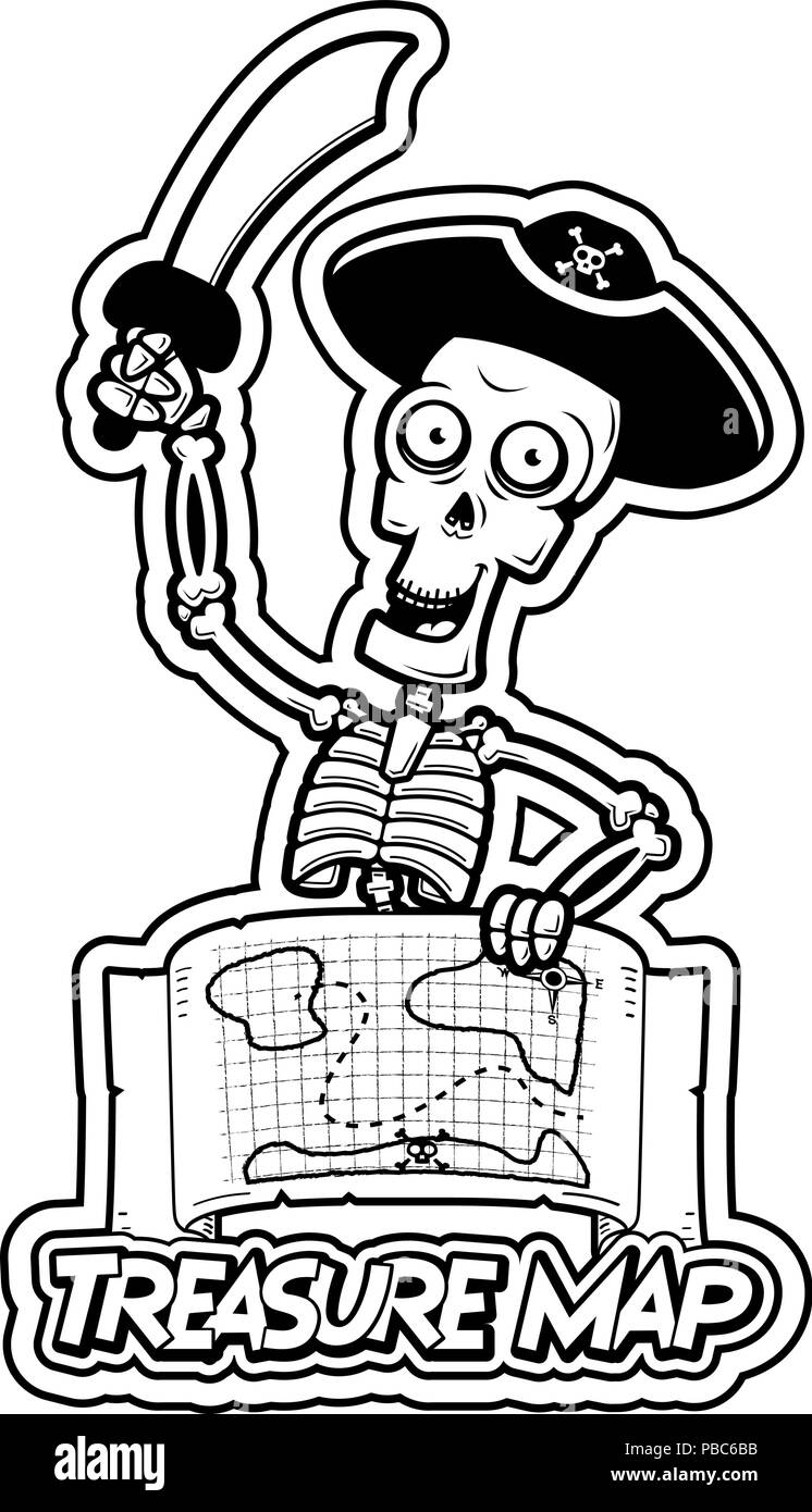Illustration d'une caricature d'un pirate squelette avec une carte au trésor. Illustration de Vecteur