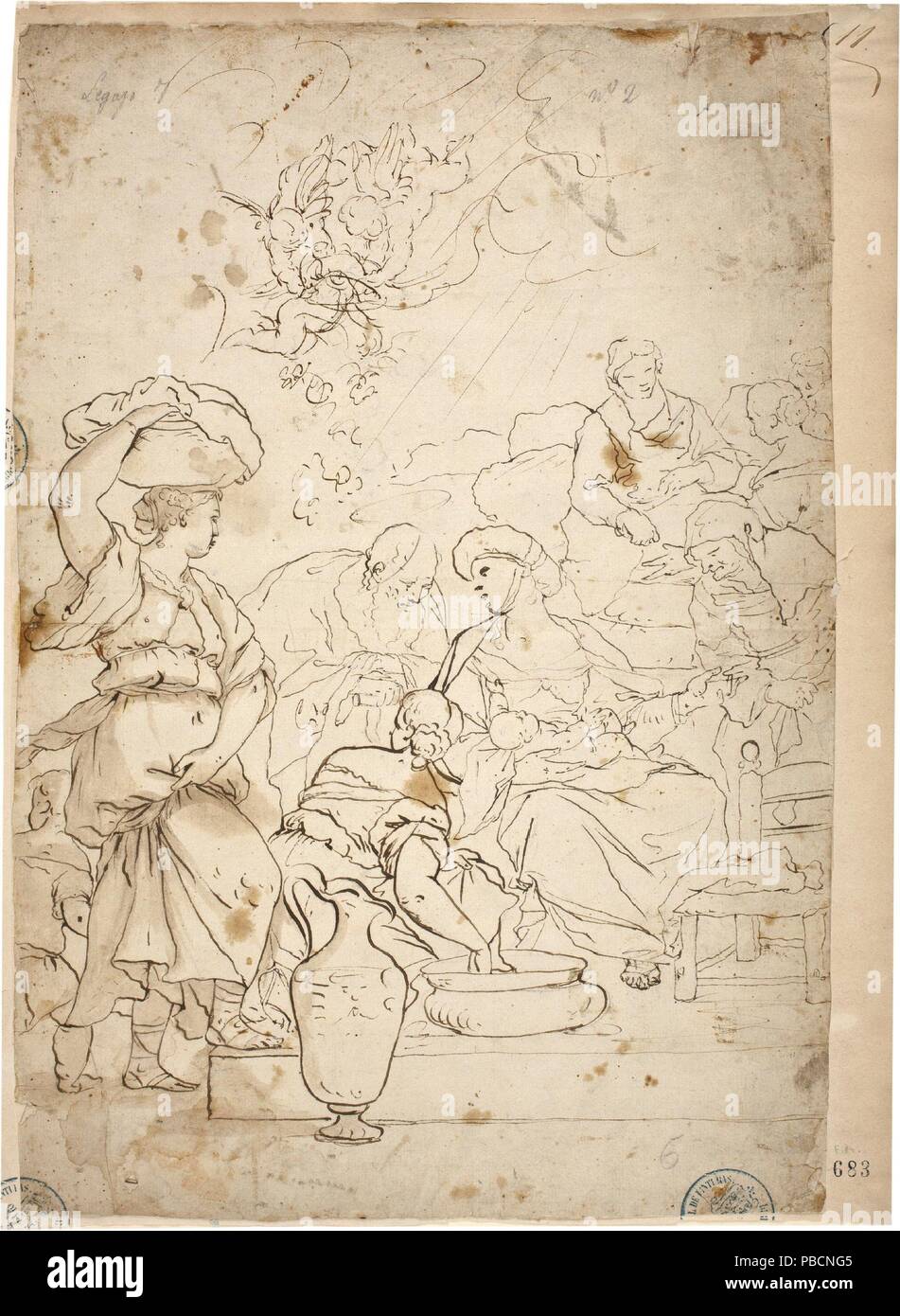 Anonyme / "La naissance de la Vierge". XVII siècle. Lavez-gris-brun, Encre sur papier gris. Musée : Musée du Prado, Madrid, España. Banque D'Images