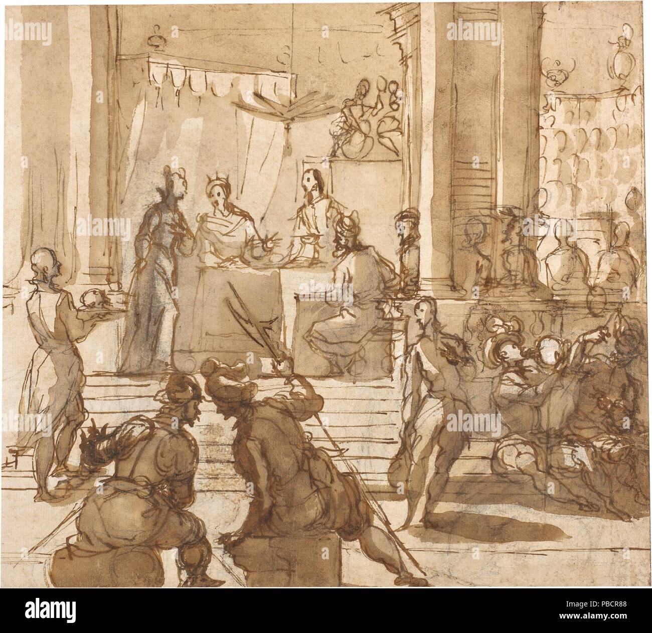 Alessandro Maganza / 'Le Banquet d'Hérode". La fin XVI-Début XVIIÈME siècle. Laver, crayon, crayon, sol brun-gris, encre sur papier. Musée : Musée du Prado, Madrid, España. Banque D'Images