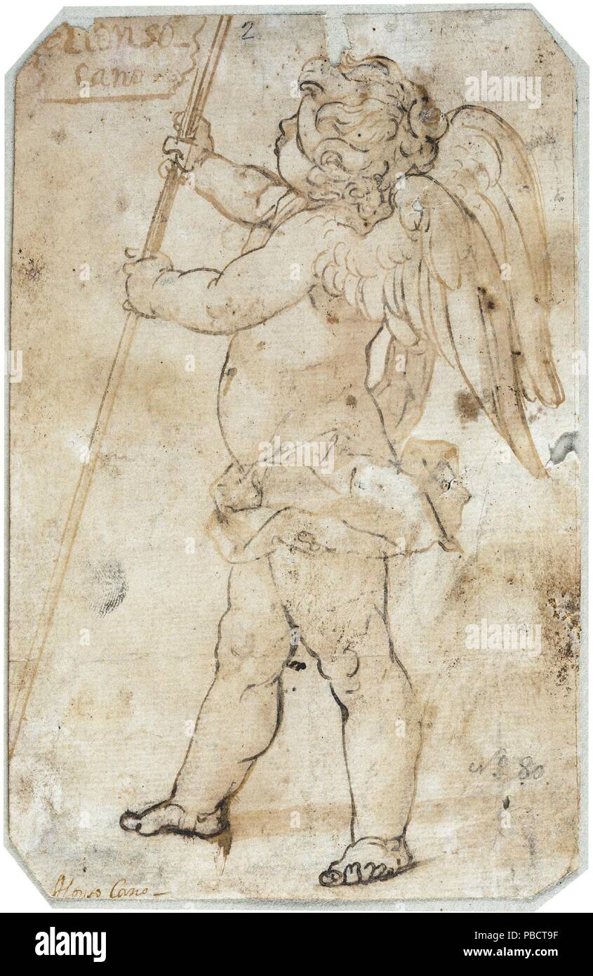 Alonso Cano / 'Angel' permanent. 1630. Lavez-gris-brun, crayon sur papier jaune. Musée : Musée du Prado, Madrid, España. Banque D'Images