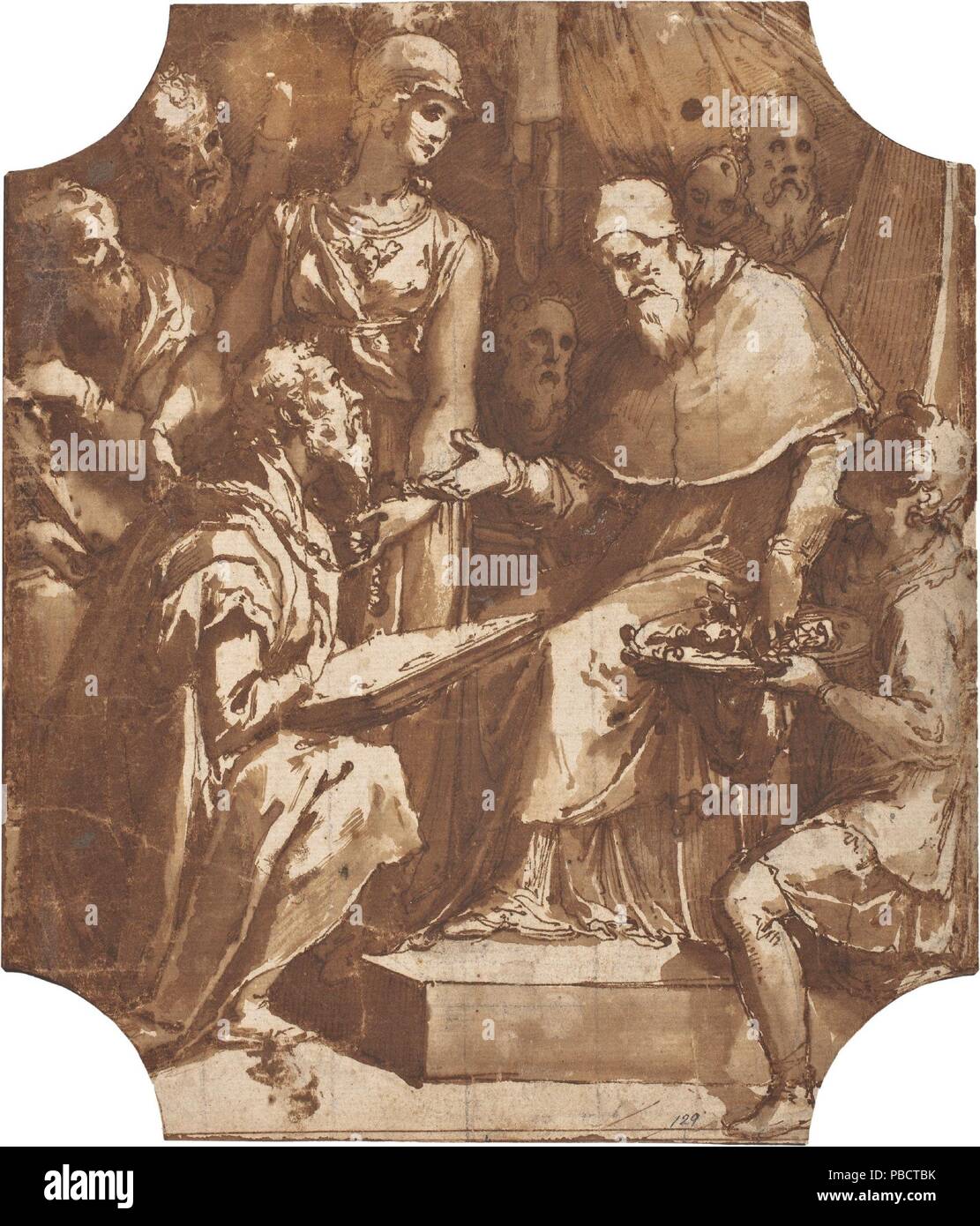 Federico Zuccaro / 'un dignitaire agenouillé devant un pape, la réception d'une chaîne de fonction et d'autres primes [Le peintre, architecte et écrivain Giorgio Vasari d'être honoré par le pape Pie V ( ?)]'. 1570 - 1579. Laver, crayon, crayon, sol brun-gris, encre sur papier jaune. Musée : Musée du Prado, Madrid, España. Banque D'Images