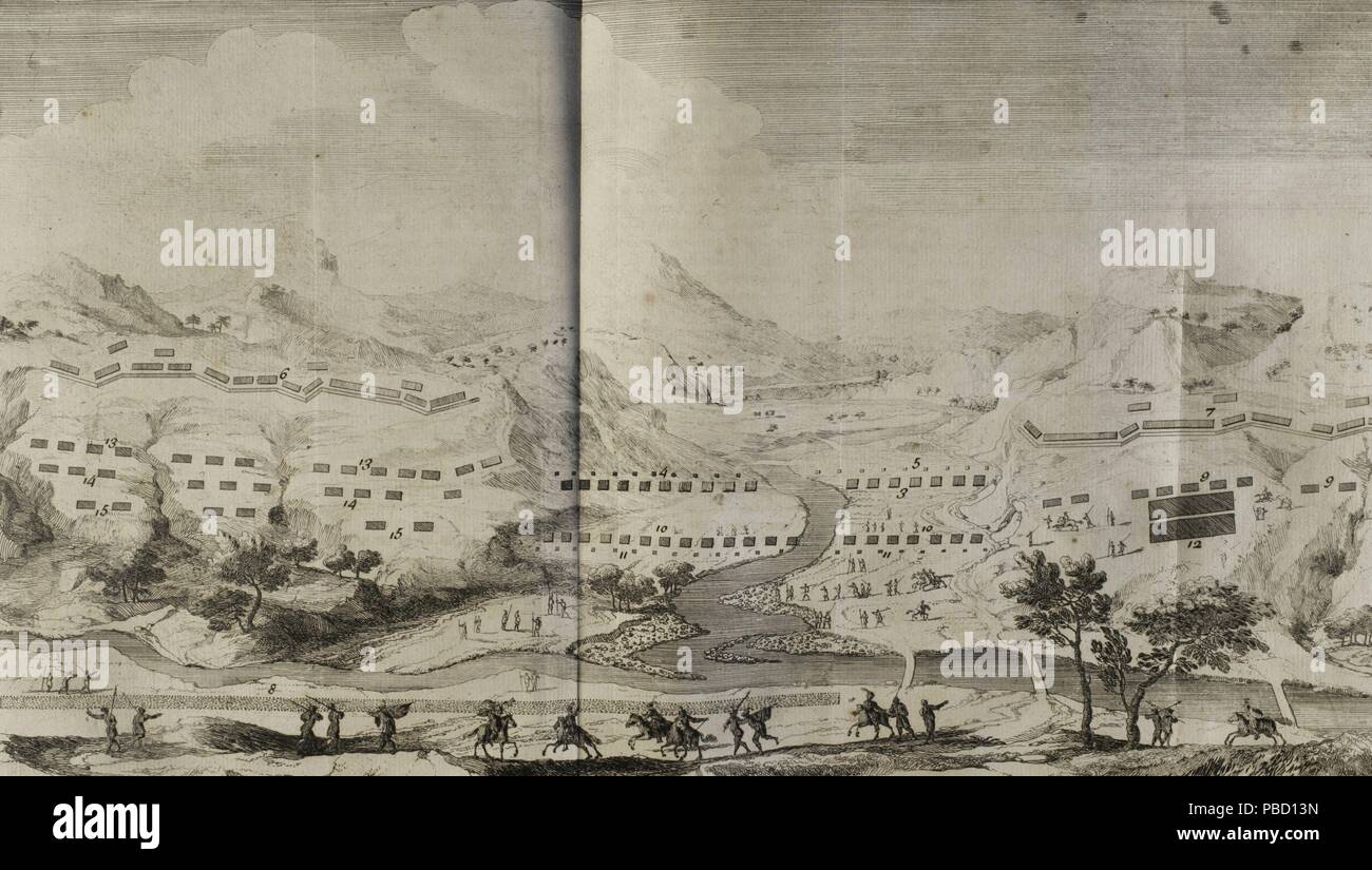 Historia de Polibio. Tomo III. Edición francesa traducida del Griego por Dom Vincent Thuillier. Comentarios o cuerpos de ciencia militar enriquecidos con notas críticas e históricas por M. de Folard. Paris, chez Pierre Gandouin, Julien-Michel Gandouin, Pierre-François Giffart y Nicolas-Pierre Armand, 1728. Imprenta de Jean-Baptiste Lamesle. Guerra de Cleómenes (229/228 a. C. -222 a. C). Conflicto militar entre Esparta y sus aliados de Elis contra la Liga Aquea y Macédoine. La gravure de la Batalla de Selasia, 222 a. C. enre los ejércitos de Antigono II rey de Macédoine y Cleómenes III, rey de l'ESP Banque D'Images