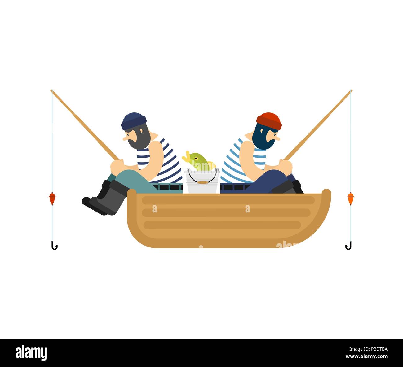 Pêcheur sur le bateau de pêche. La canne à pêche et poissons. Vector illustration Illustration de Vecteur