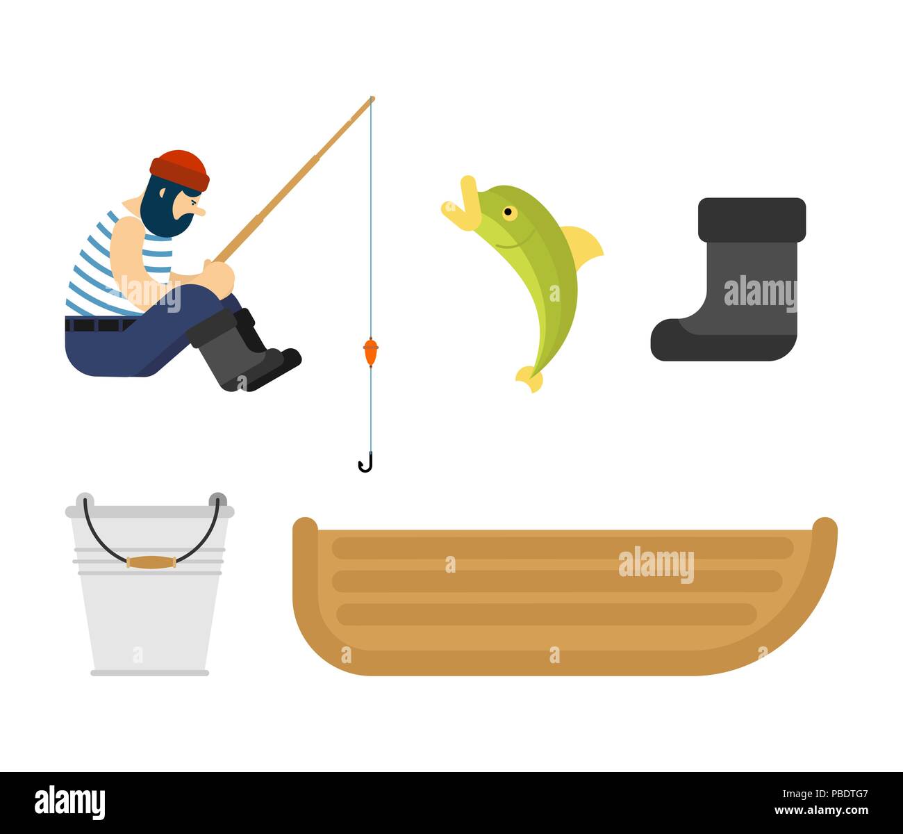 Jeu de bateau de pêche pêcheur.. La canne à pêche et poissons. Vector illustration Illustration de Vecteur