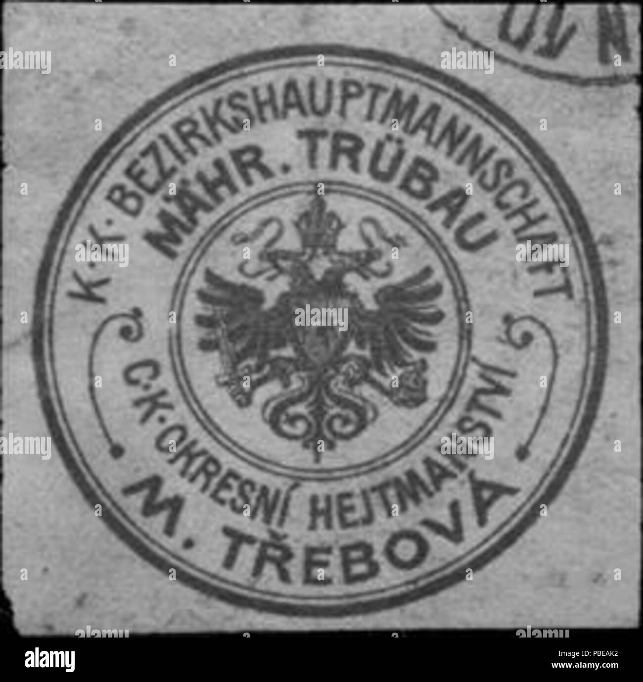 Briefverschlussmarke Haus aus Papier, welche seit ca. Von Behoerden Anwaelten, 1850, Notaren Firmen und zum verschliessen der Post verwendet wurde. 1419 Siegelmarke K.K. Bezirkshauptmannschaft Mährisch Trübau W0319755 Banque D'Images