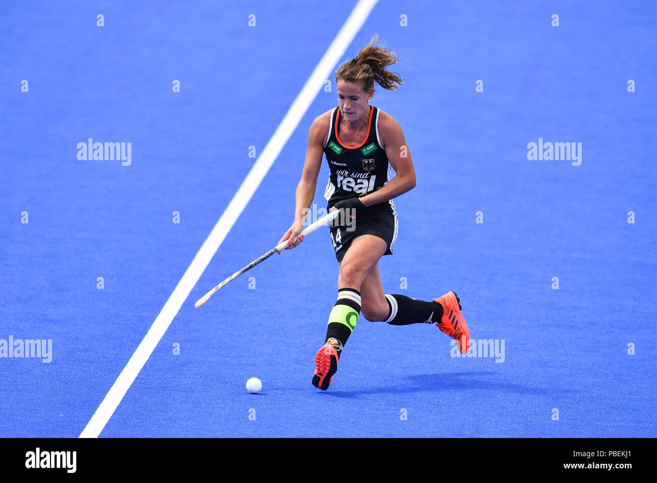 Londres, Royaume-Uni. 28 juillet 2018 Janne Muller-Weiland.C, (GER) en action au cours de l'épanouissement de la Coupe du Monde féminine de hockey Londres 2018 - Le bassin C match entre l'Espagne contre l'Allemagne le Samedi, 28 juillet 2018. Londres, Angleterre. Credit : Taka Taka : WuCredit G G Crédit : Taka Wu Wu/Alamy Live News Banque D'Images