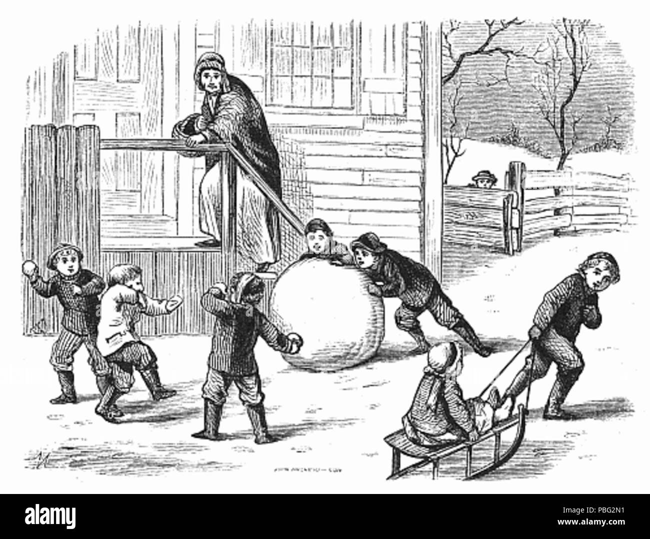 1547 Boules de neige, les hommes et la luge Dimensions Banque D'Images