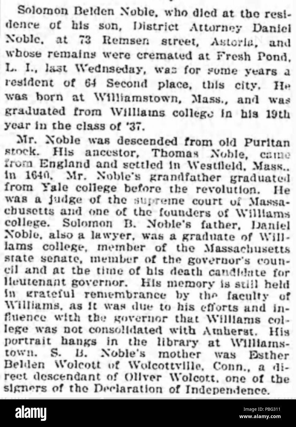Salomon 1549 Noble Belden (1819-1895) notice nécrologique dans le Brooklyn Eagle le 24 février 1895 Banque D'Images
