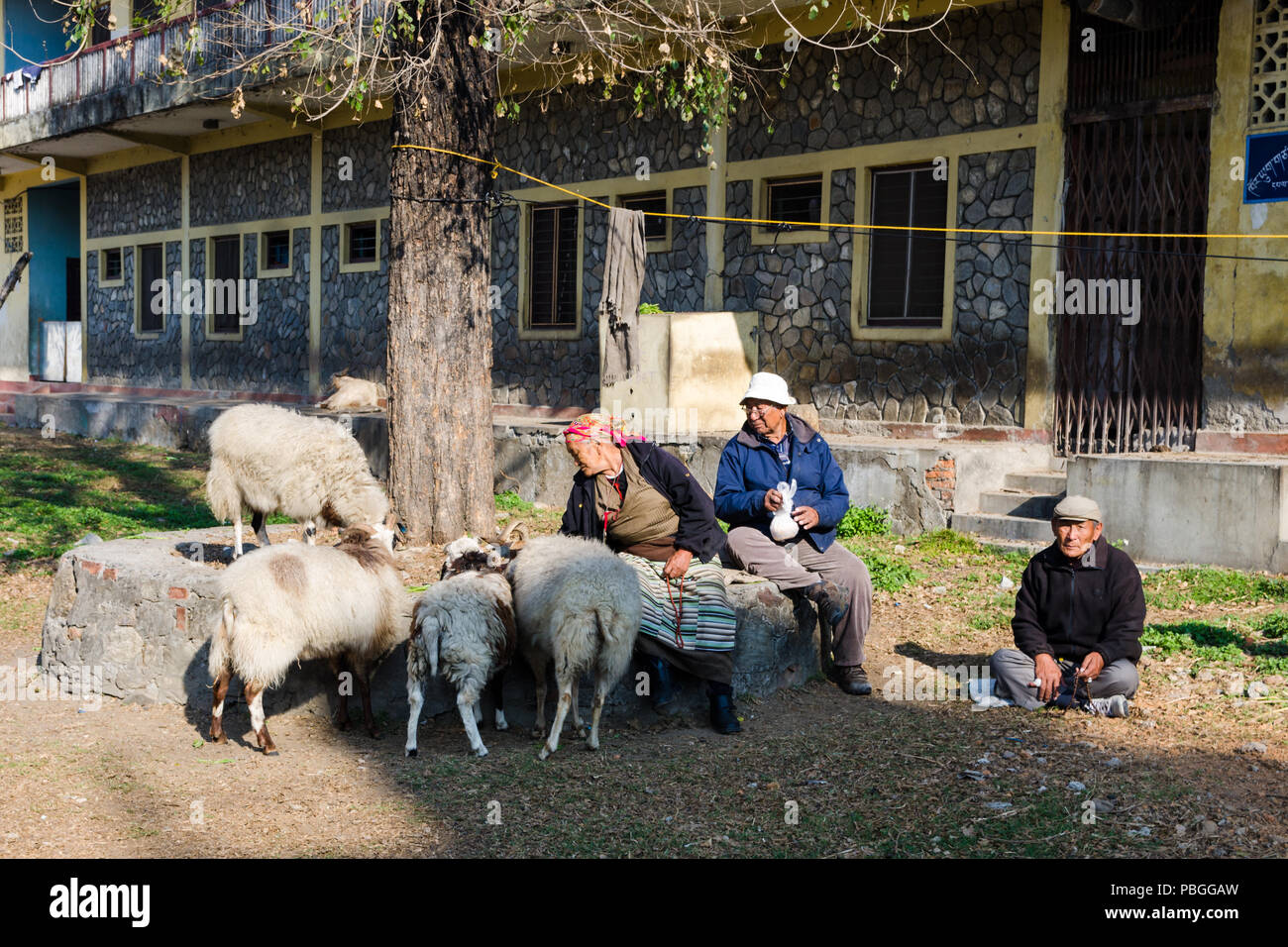 Les anciens dans l'établissement des réfugiés tibétains dans la région de Pokhara, Népal Banque D'Images