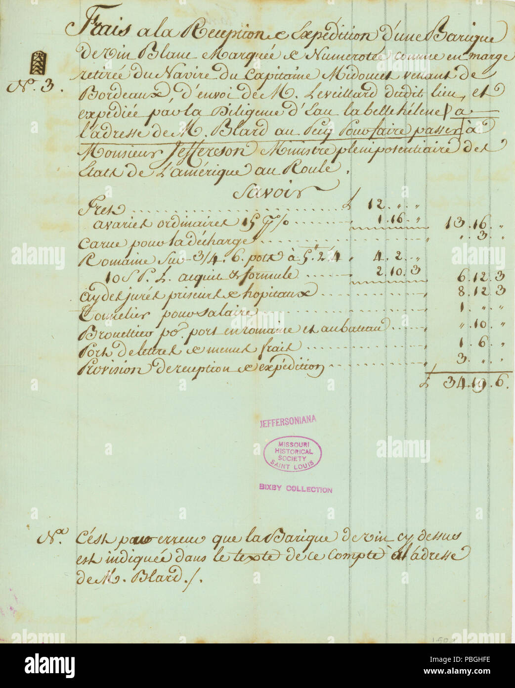 924 Liste des dépenses pour les caisses de vin, ca. 1787 Banque D'Images