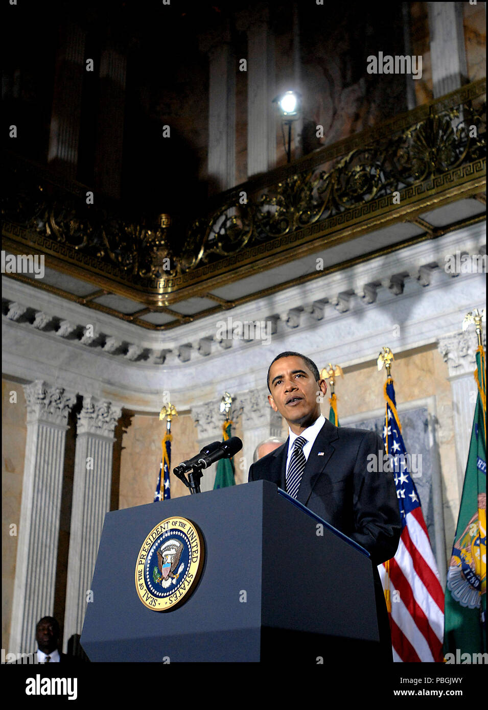 Le président Barack Obama s'exprimant lors du Secrétaire Geithner cérémonie le 26 janvier 2009. Banque D'Images