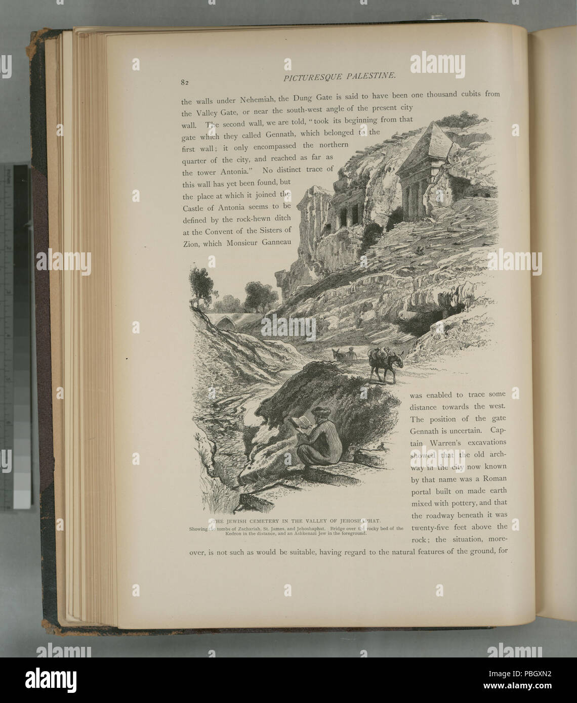 1647 Le cimetière juif dans la vallée de Josaphat, montrant les tombeaux de Zacharie, St James, et Josaphat. Pont sur le lit rocheux du Cédron dans la distance, et un juif ashkénaze dans (NYPL b10607452-80302) Banque D'Images