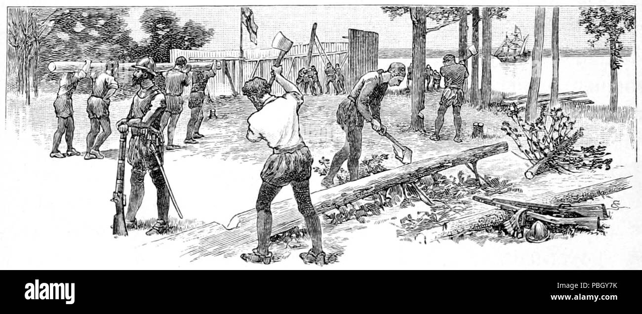 1651 Les principaux faits de l'Histoire américaine (1910) - bâtir le Fort à Jamestown Banque D'Images