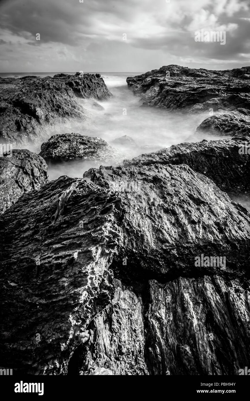 La mer de brouillard et les roches en noir et blanc Banque D'Images