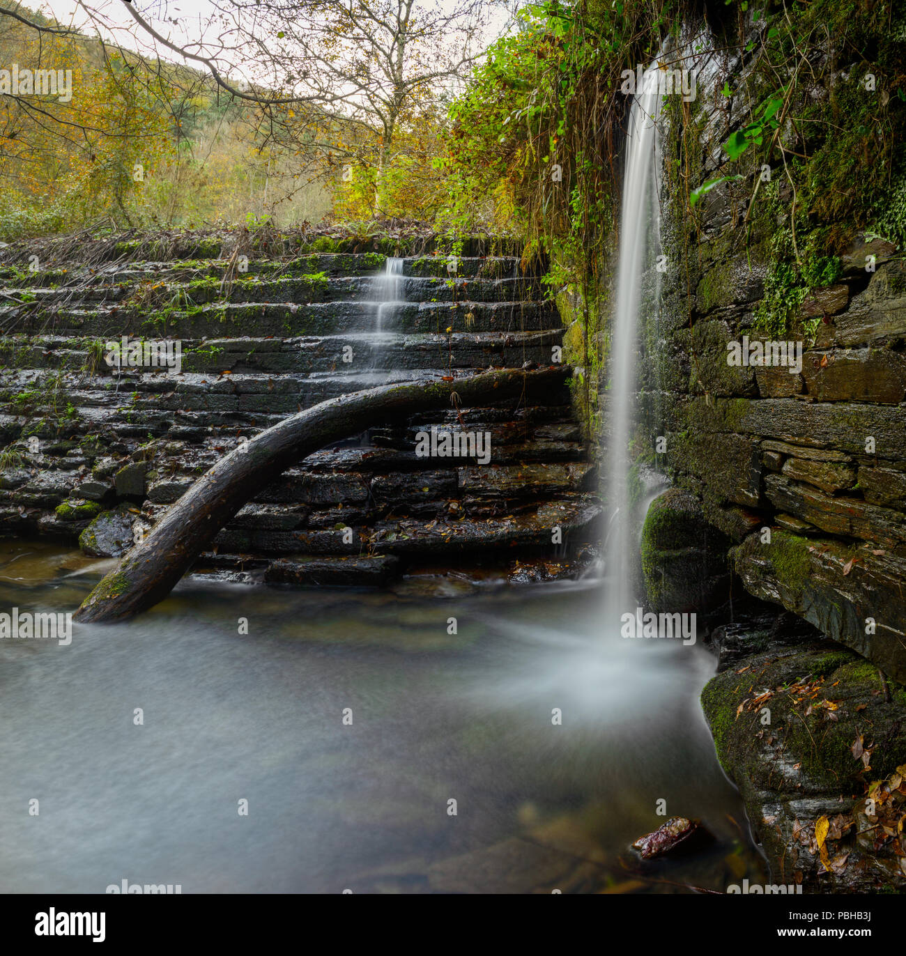 El Agua en cae cascada en los antiguos canales de la herrería de Bogo, Pontenova. Banque D'Images