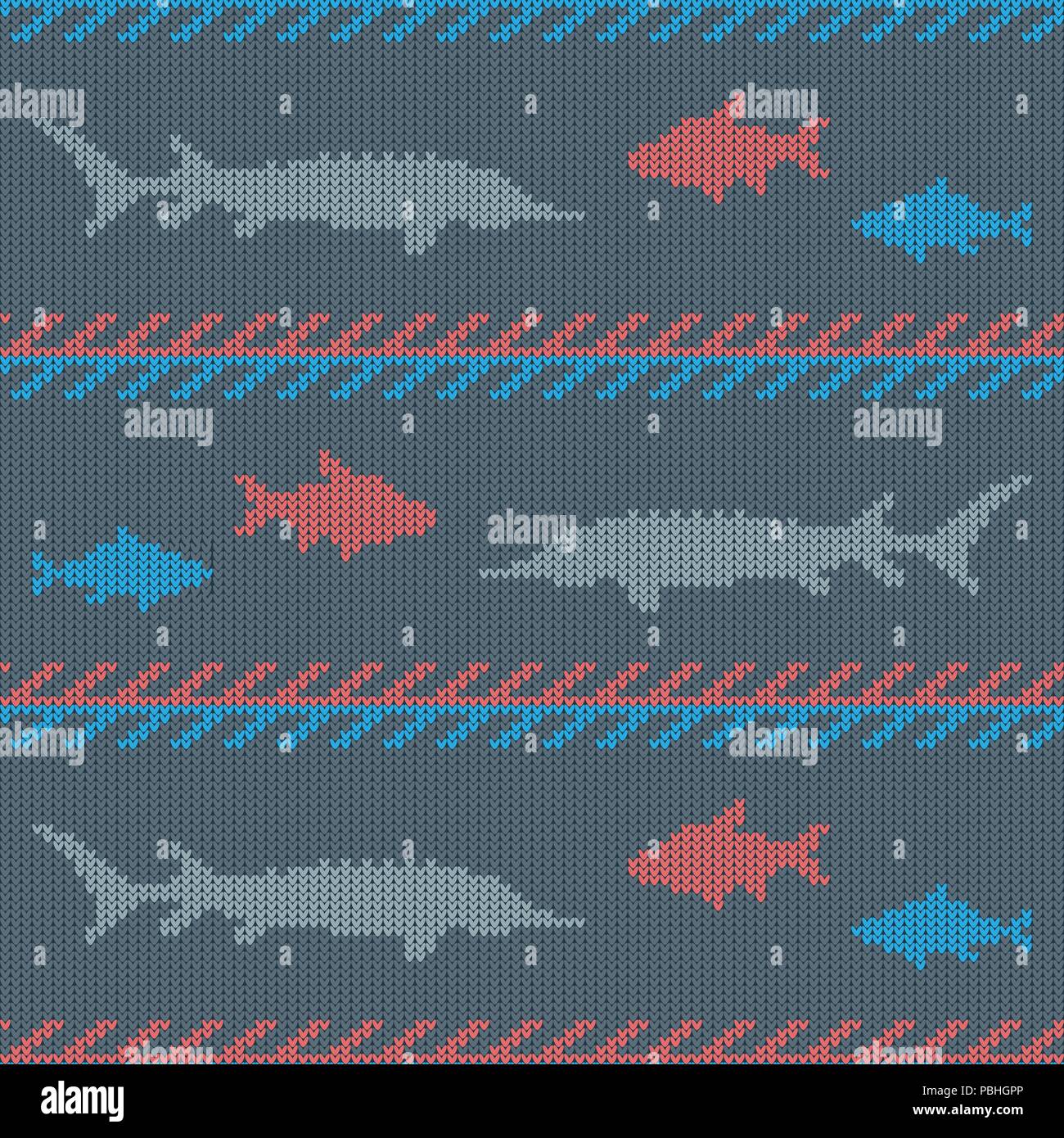 En laine tricoté modèle transparent avec des poissons. Dorade et de l'esturgeon Illustration de Vecteur